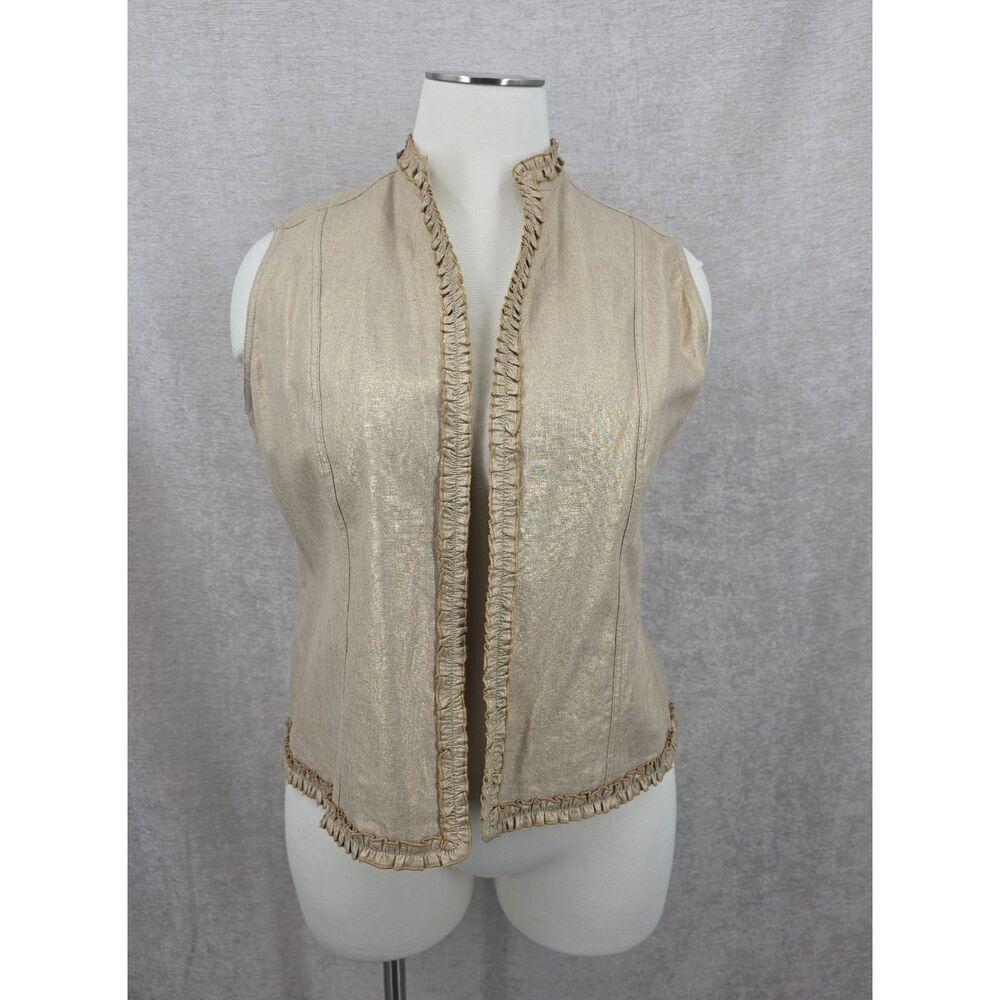 Linen Tanjay Shimmery Metallic Gold Ruffle Trim Sleeveless Vest Open Style